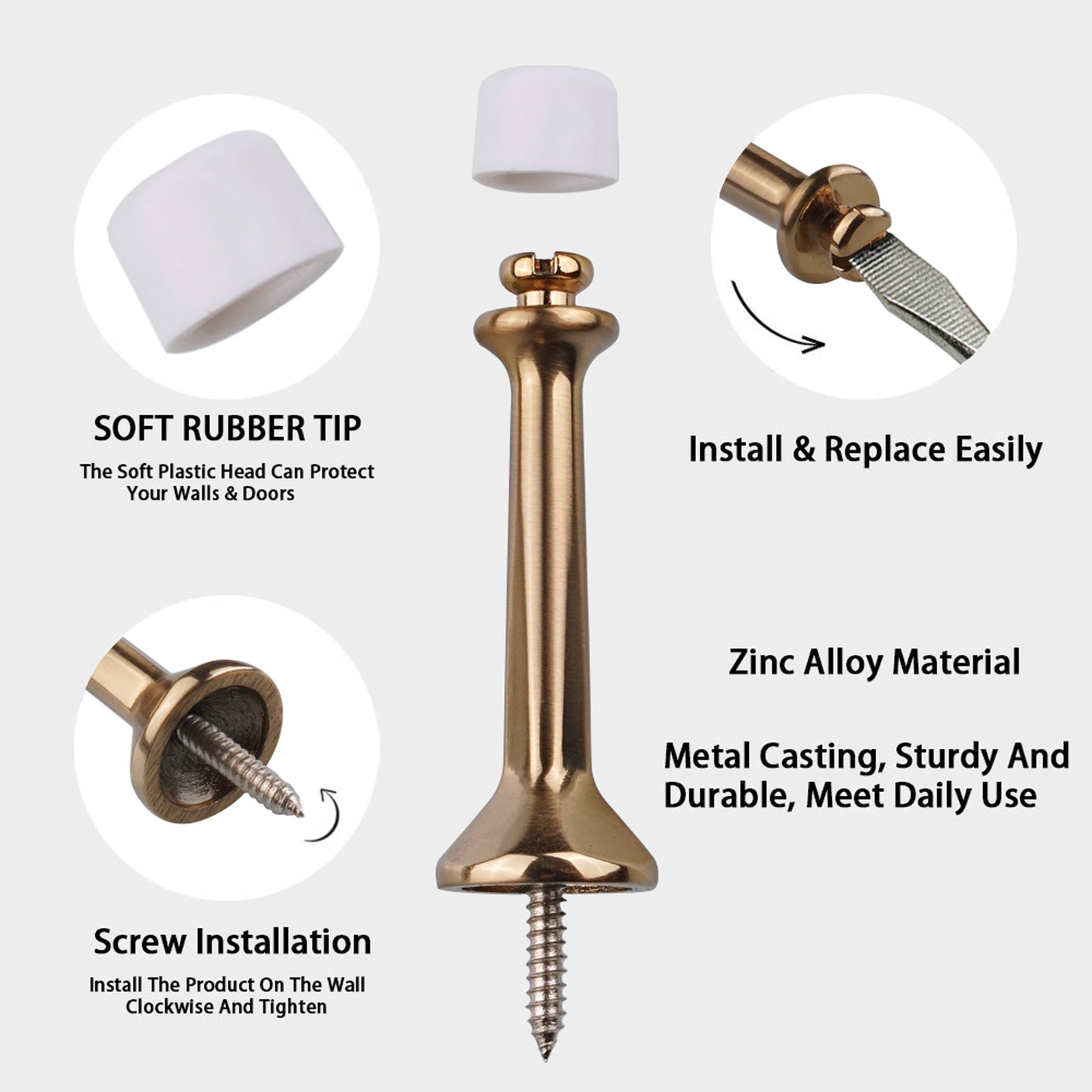 Champagne Bronze Door Stop Detail - Top-down view emphasizing the smooth champagne bronze surface, 3-inch dimensions, and heavy duty construction