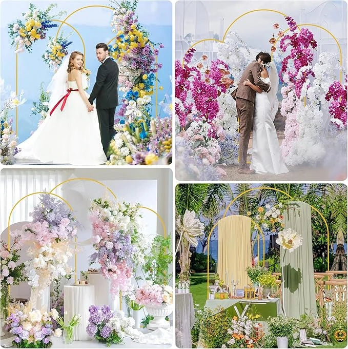 Luxurious gold arch frames creating a romantic atmosphere for ceremonies and parties.
