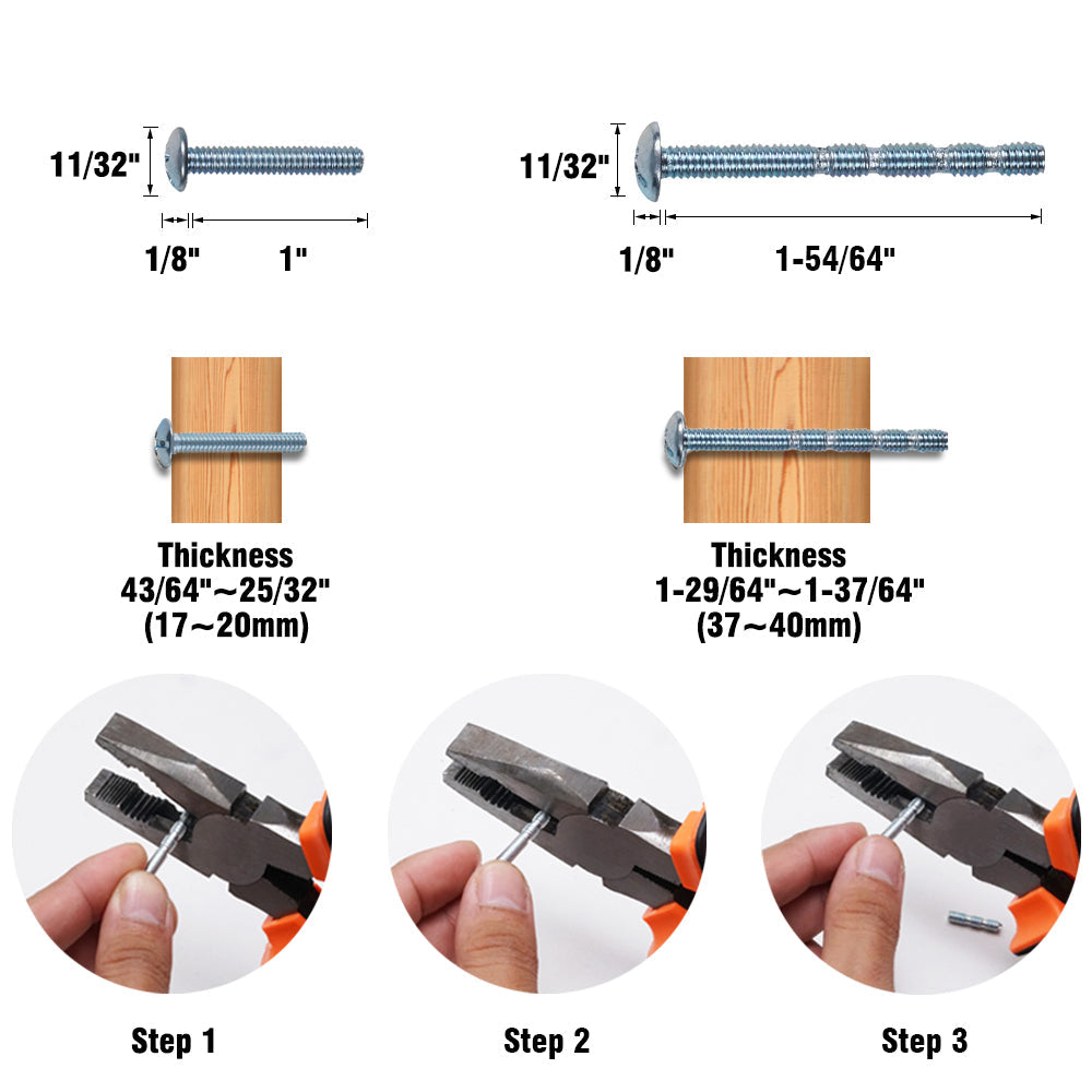 Installation steps for Midofar cabinet handle with bolt dimensions and thickness range, showing step-by-step tool usage.