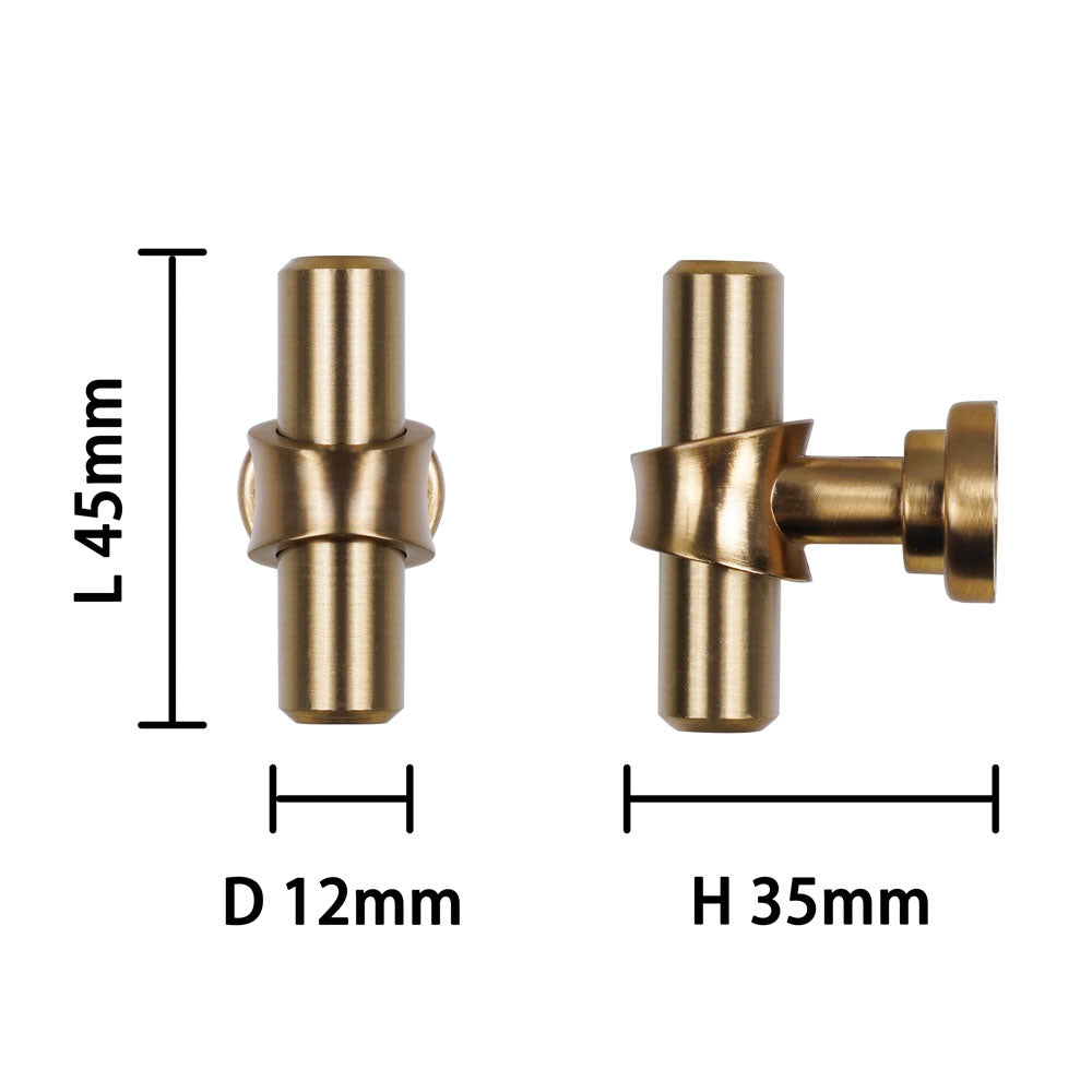 Champagne bronze cabinet handles with dimensions L45mm, D12mm, H35mm, featuring T-bar design for modern decor.