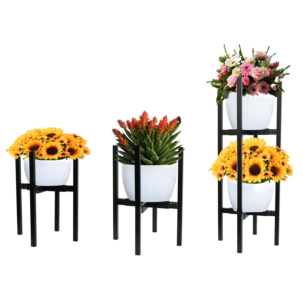 Adjustable metal plant stand featuring white pots with vibrant flowers, showcasing height and style for indoor or outdoor decor.