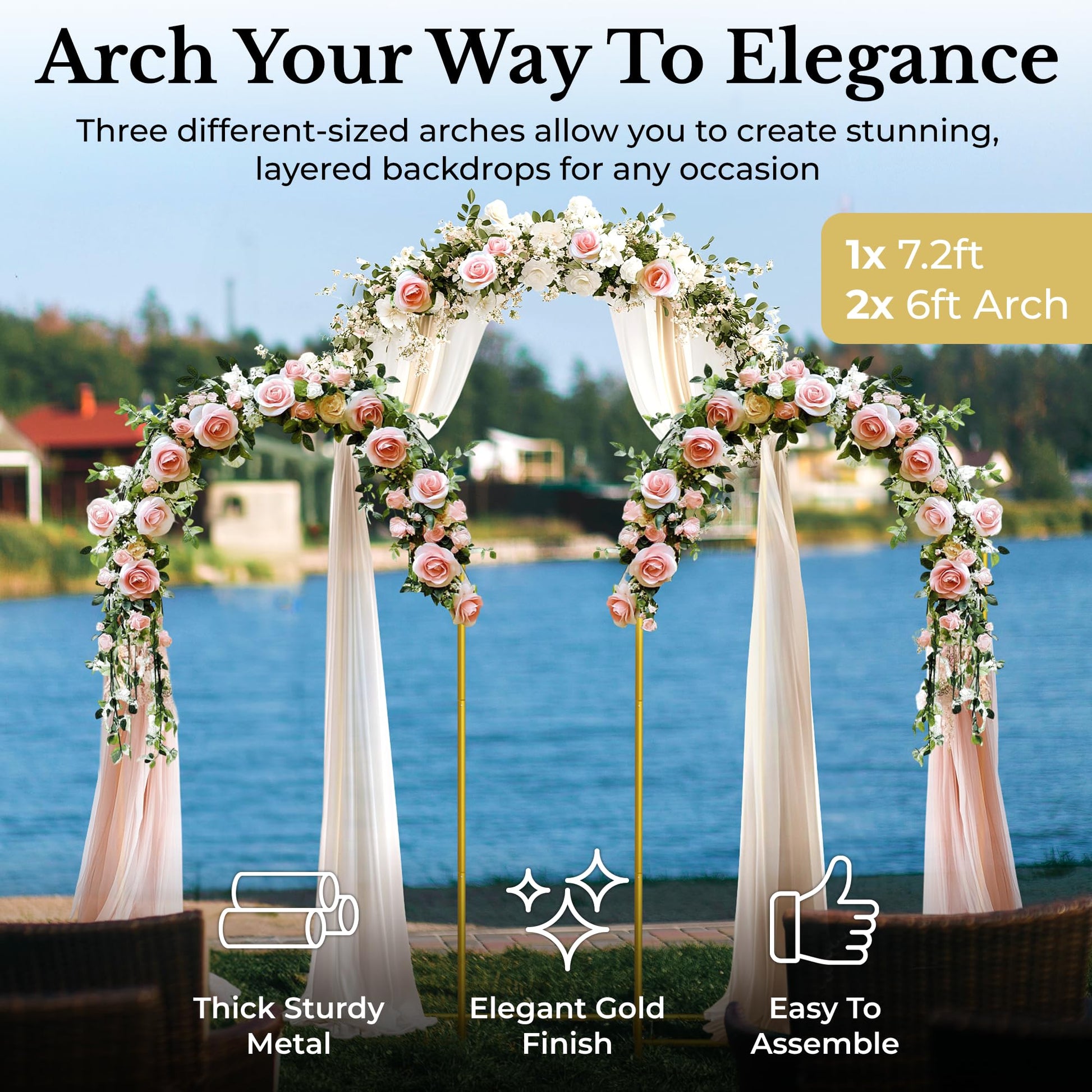 Gold metal wedding arch backdrop stand set of 3 sizes for ceremonies and event decorations.