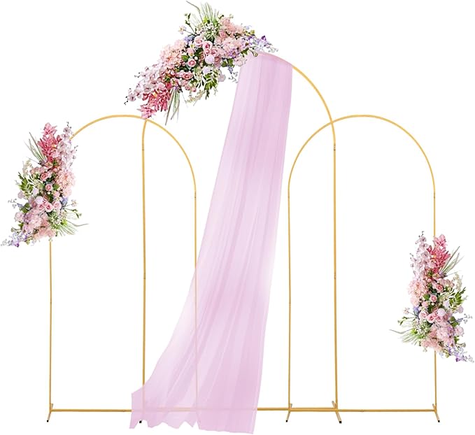 Elegant chiara-style arch frame with gold finish, perfect for party and photo booth backdrops.