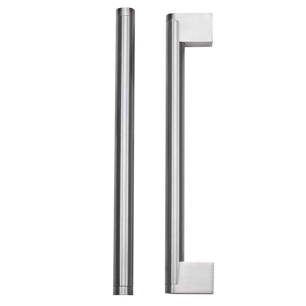 Satin nickel bar pull handles installed on bathroom cabinet drawers