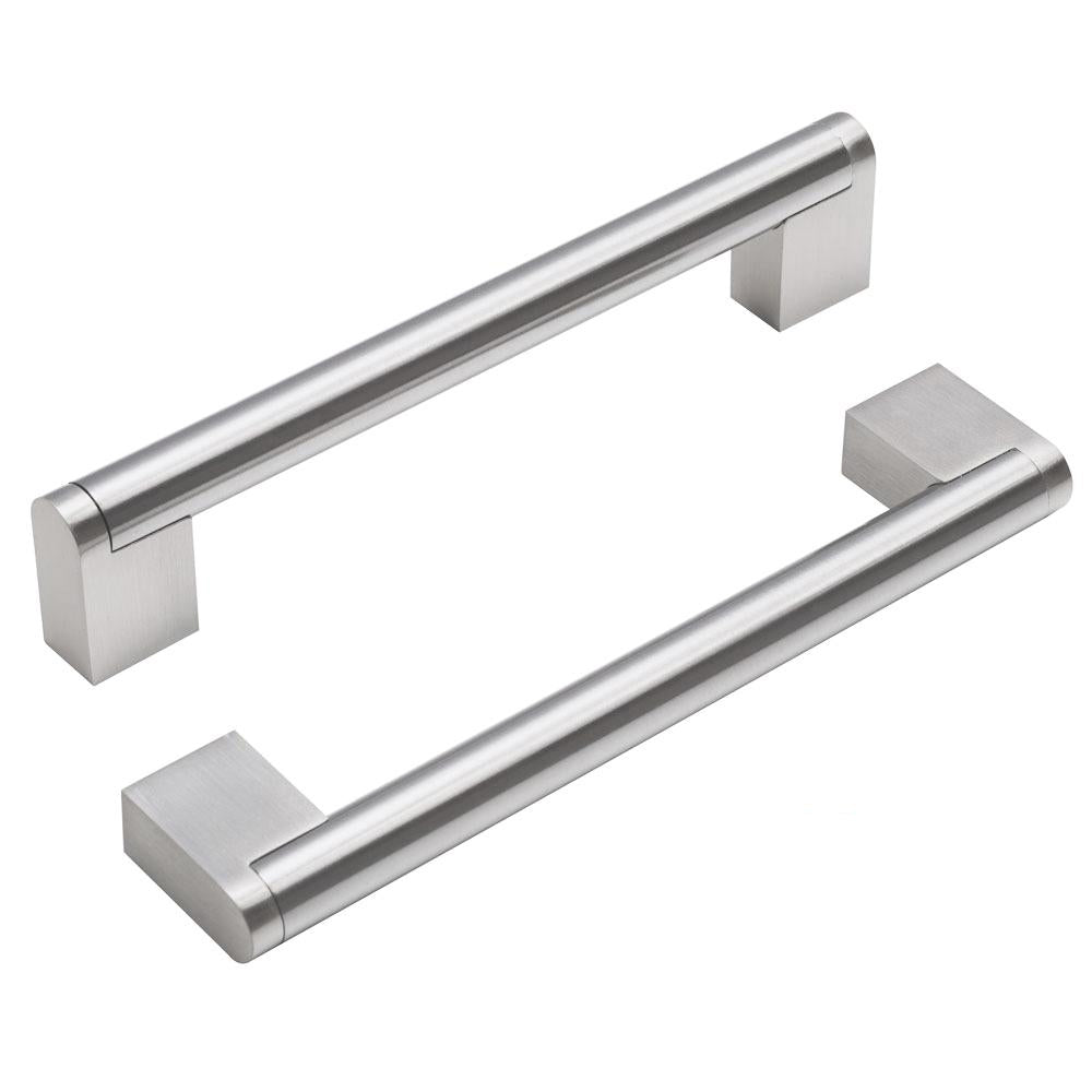 Close-up of satin nickel drawer handle showing single-hole installation design