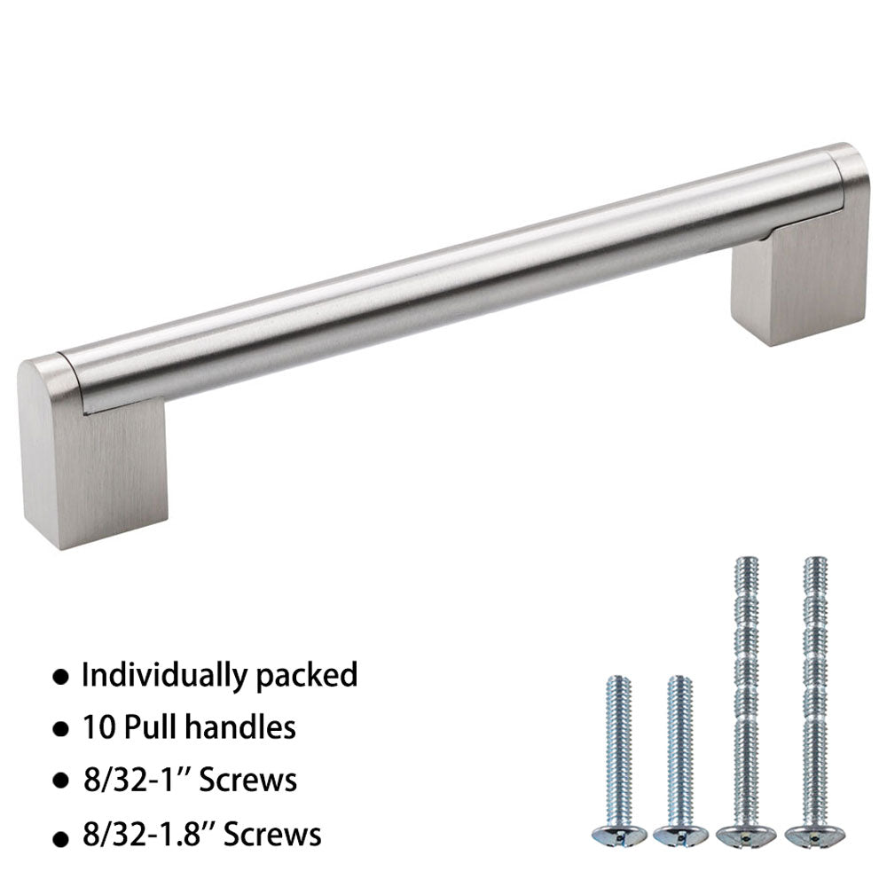 Front view of a satin nickel cabinet bar pull handle, 5 pack for drawers and cabinets