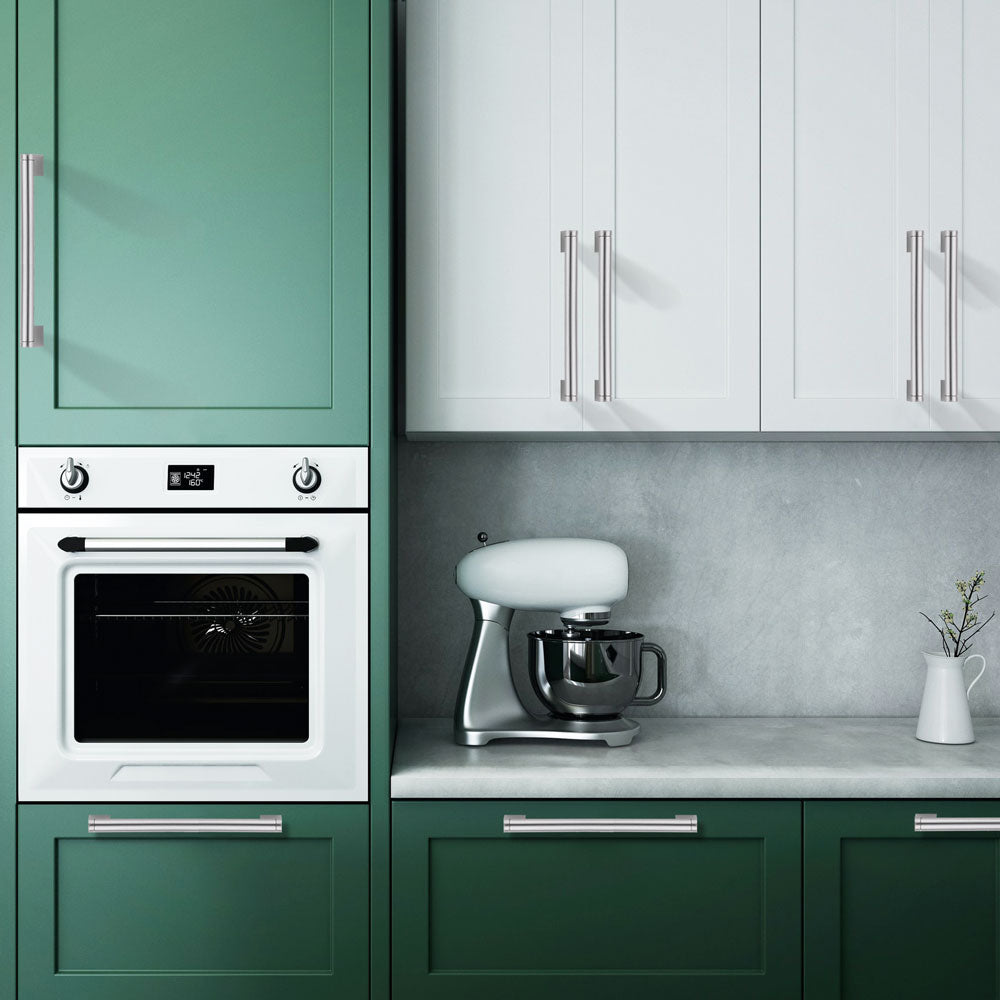 Satin nickel cabinet bar pull handles installed on kitchen drawers and cabinets