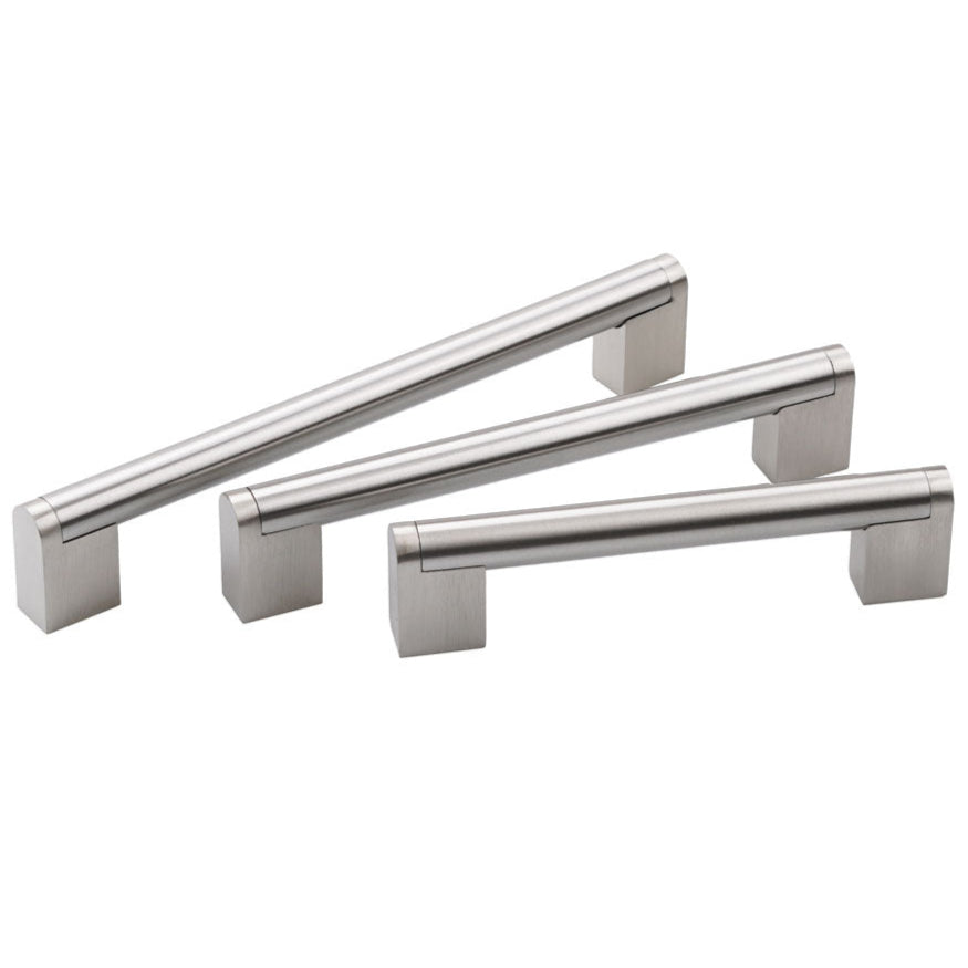 Side view of a satin nickel bar pull handle, sleek design for drawers and cabinets