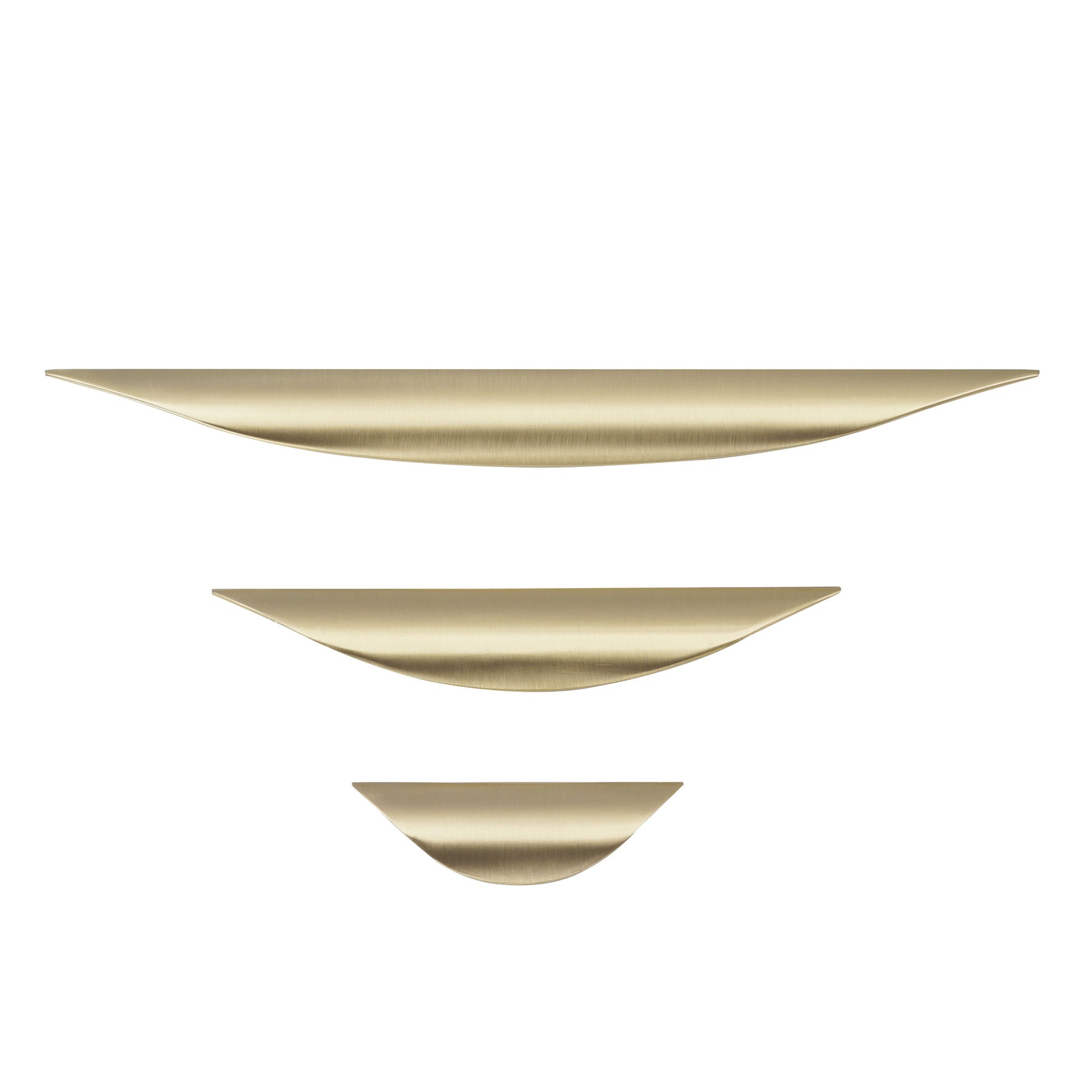 Durable brushed gold curved drawer pull with smooth finish.