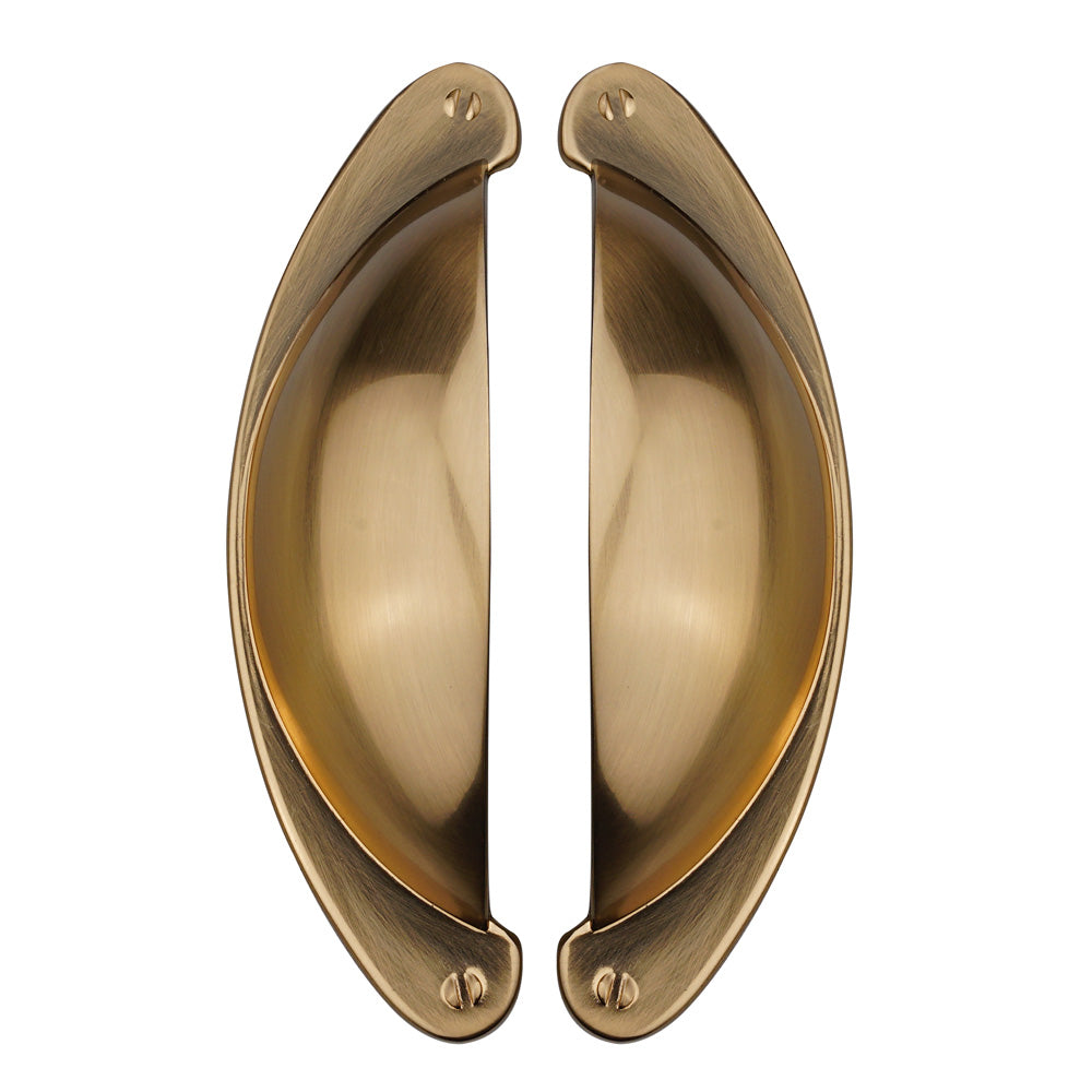 Front view of 3 inch half round drawer pull handles in gold and white