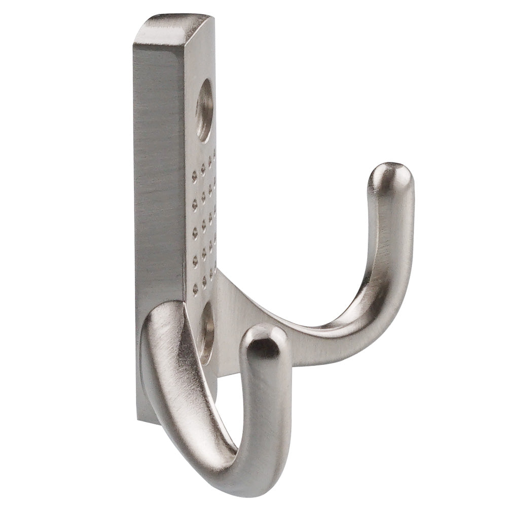 Close-up of a single satin nickel wall coat hook with smooth finish