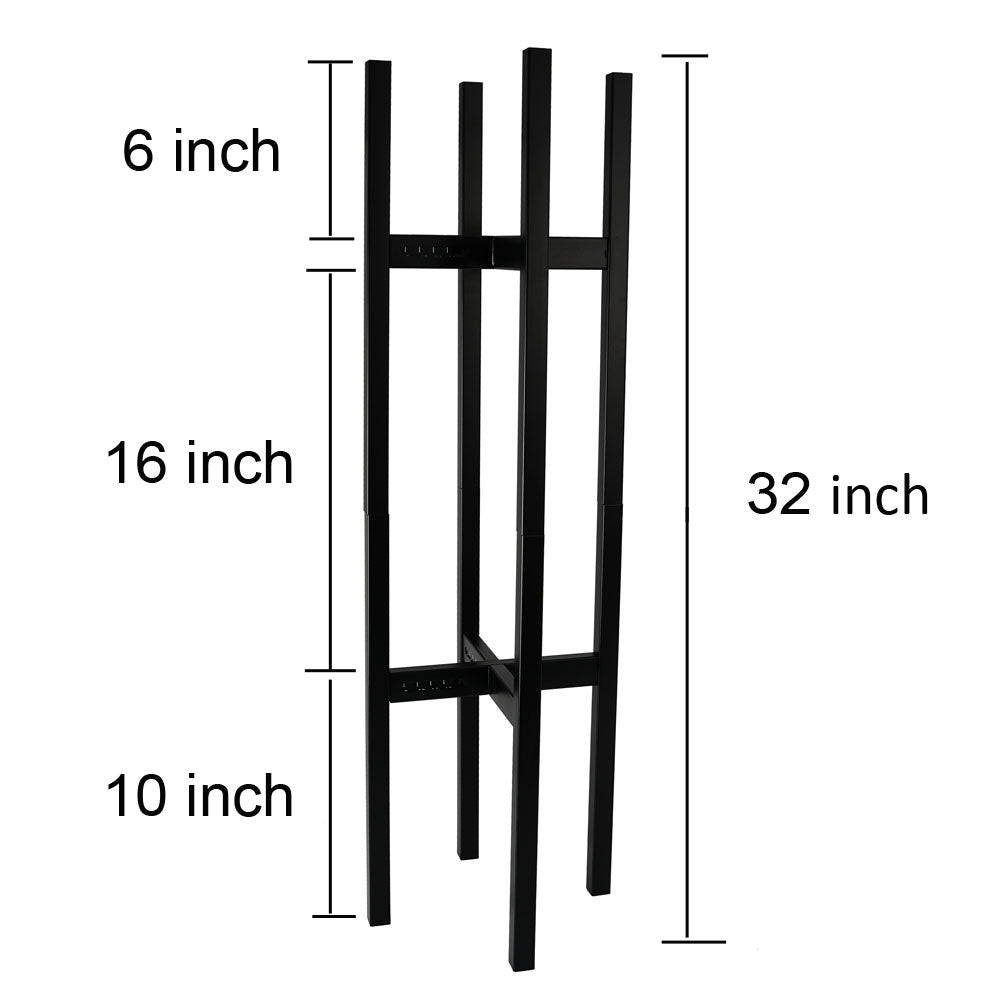 Adjustable metal plant stand with dimensions: 32 inches tall, 16 inches wide, 10 inches deep, and 6 inch pot size.