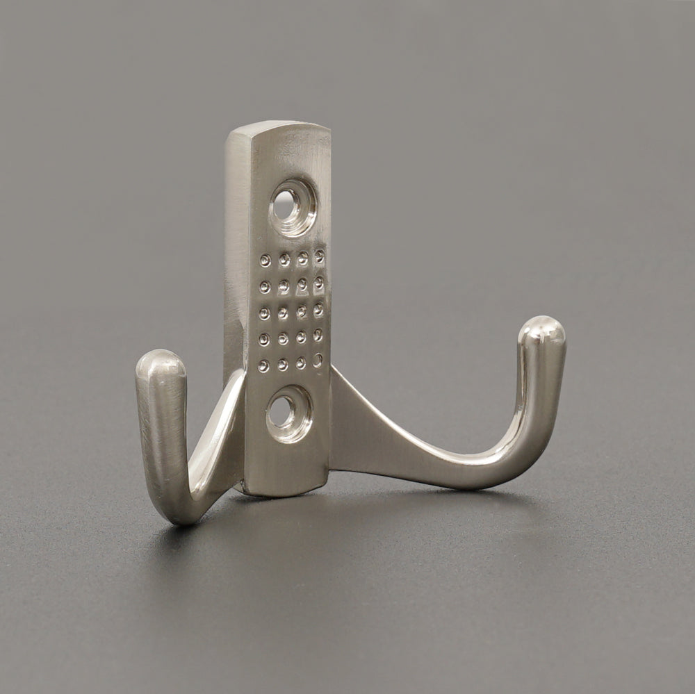 Durable satin nickel coat hook mounted securely on the wall